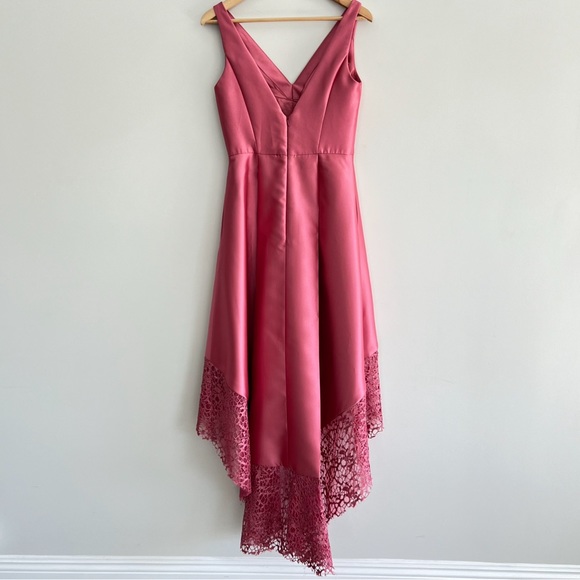 MONIQUE LHUILLIER High Low Laced Sleeves V Neck Cocktail Evening Gown Dress Sz 6 - Picture 6 of 15